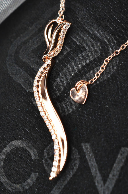 14K Rose Gold Plated Wavy 925 Sterling Silver Pendant Chain Necklace with Cubic Zirconia