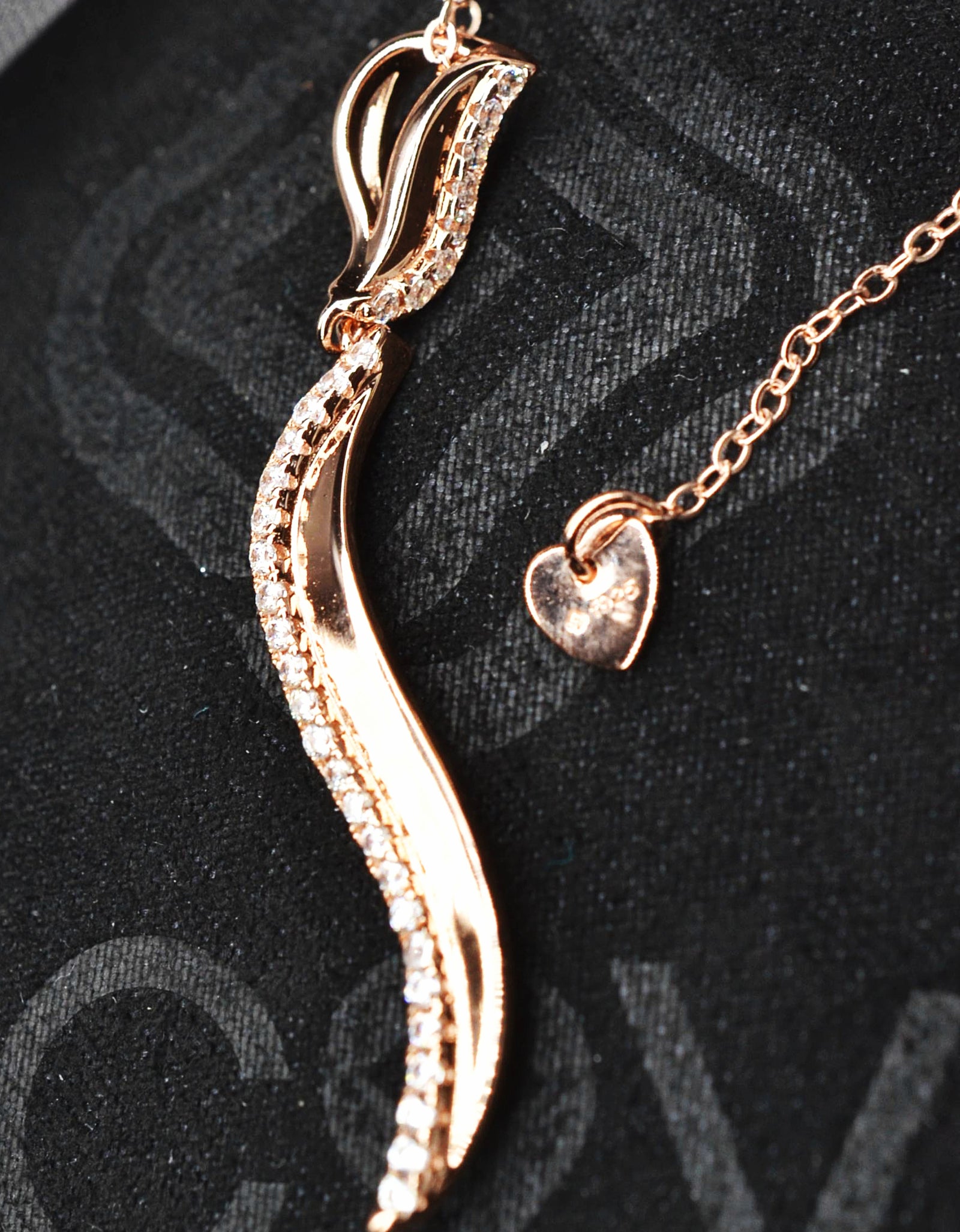 14K Rose Gold Plated Wavy 925 Sterling Silver Pendant Chain Necklace with Cubic Zirconia