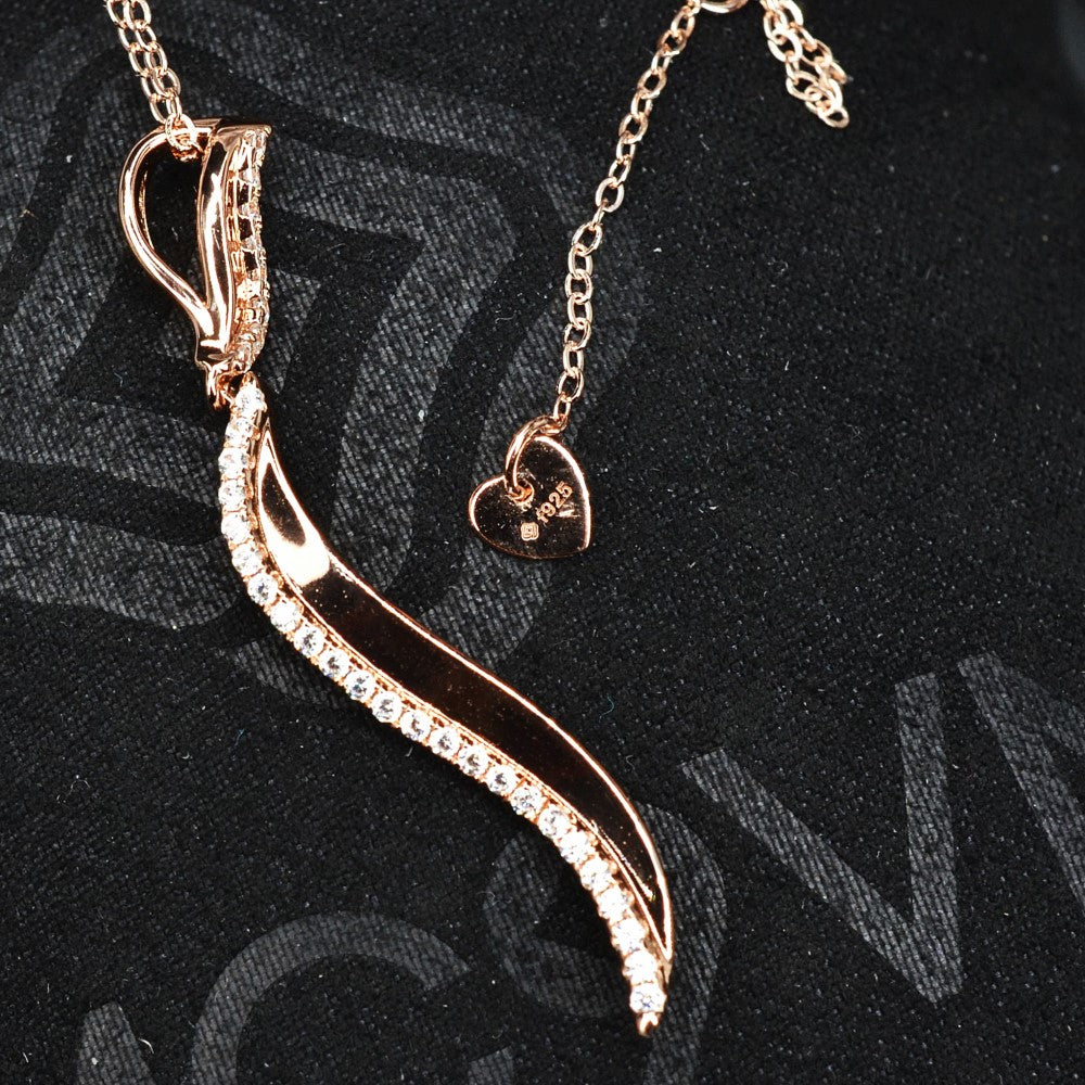 14K Rose Gold Plated Wavy 925 Sterling Silver Pendant Chain Necklace with Cubic Zirconia