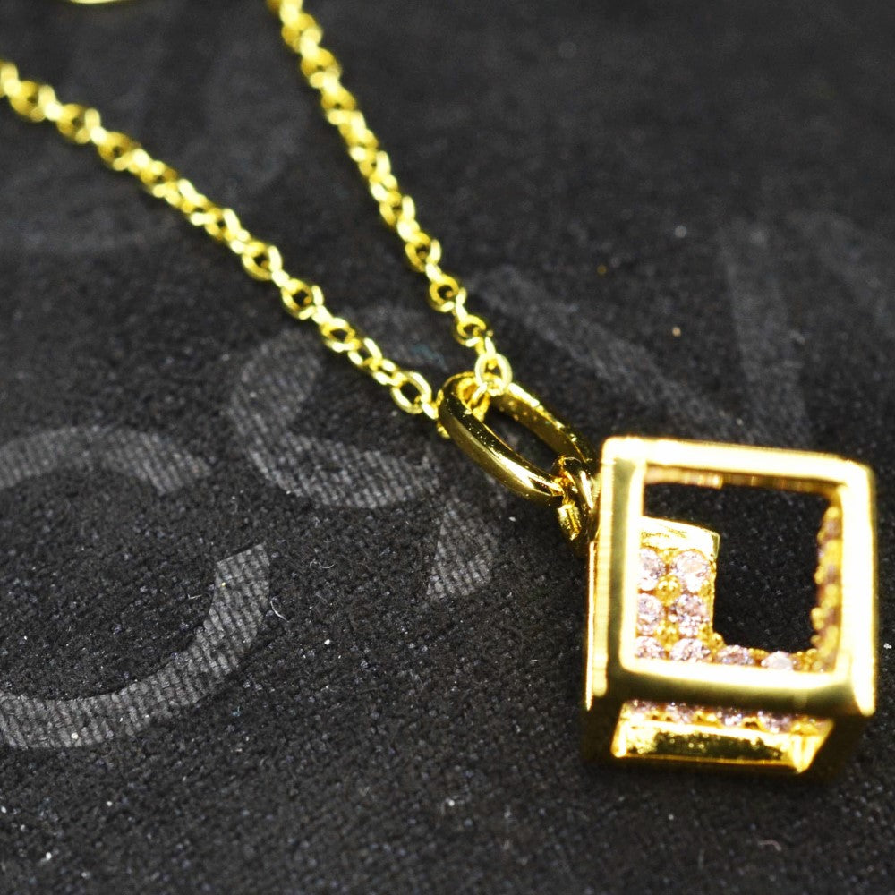 14K Yellow Gold Plated 925 Sterling Silver Open Cube Pendant Adjustable Chain Necklace w/ Pink Cubic Zirconia by Mc9vn | Gift for Her |