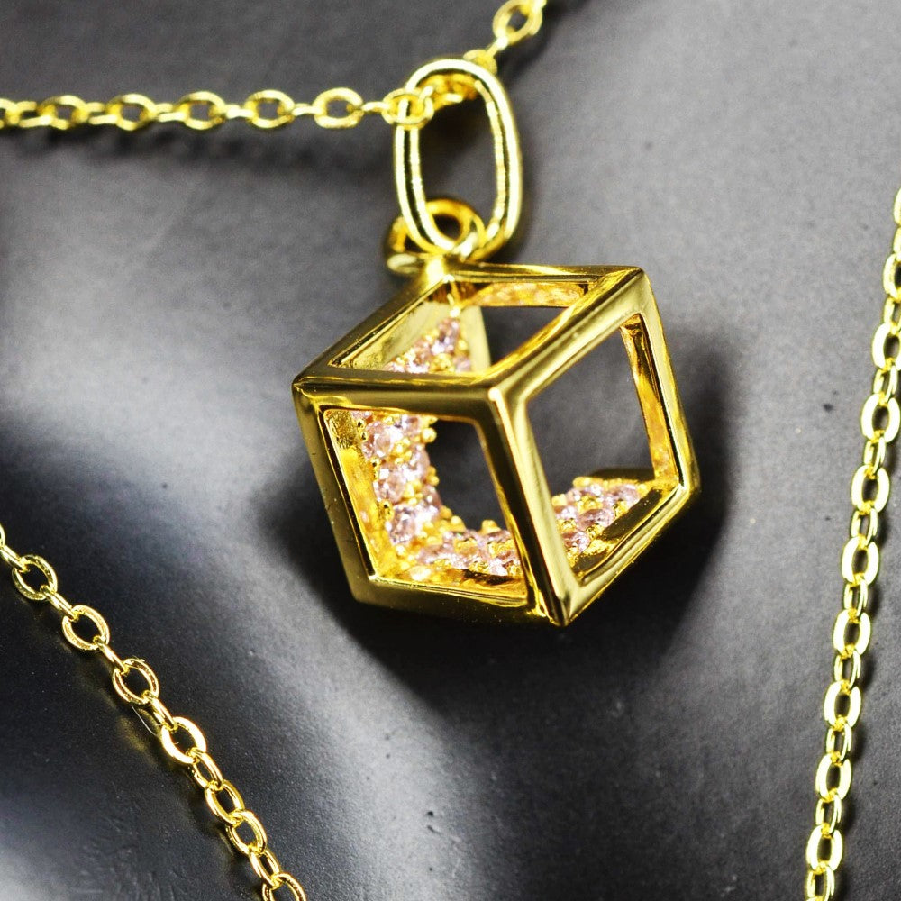 14K Yellow Gold Plated 925 Sterling Silver Open Cube Pendant Adjustable Chain Necklace w/ Pink Cubic Zirconia by Mc9vn | Gift for Her |