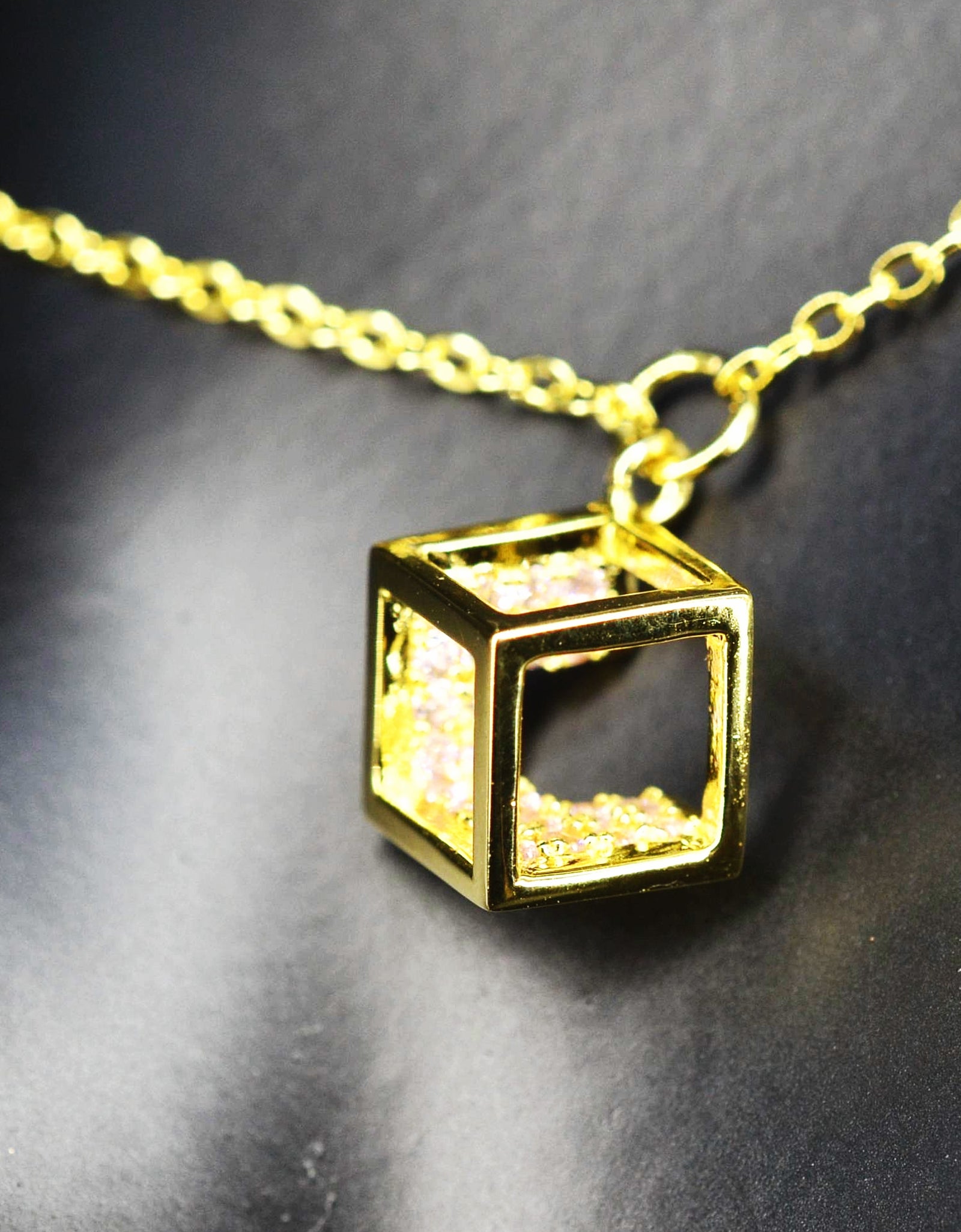 14K Yellow Gold Plated 925 Sterling Silver Open Cube Charm Adjustable Bracelet w/ Pink Cubic Zirconia by Mc9vn |Gift for Her | Ship from US|