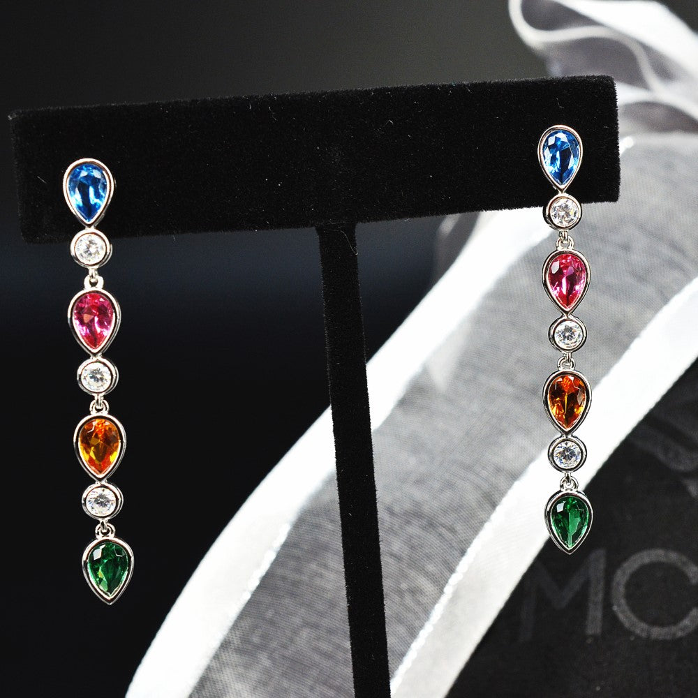 925 Sterling Silver Earrings Platinum Plated Pear Shape Long Dangling Blue Red Yellow Green Nano Gem Cubic Zirconia by Mc9vn |Gift for Her|