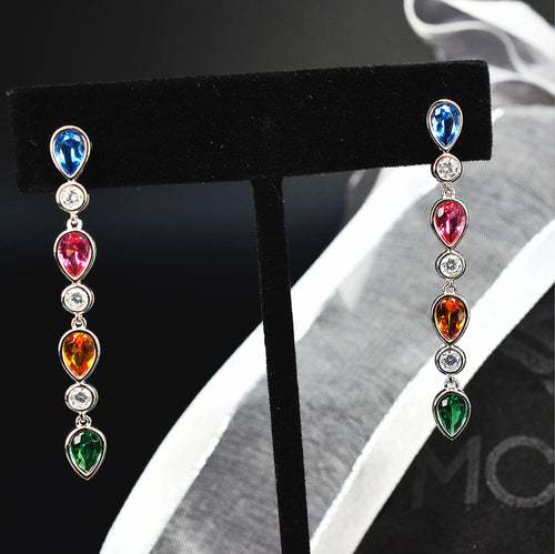 925 Sterling Silver Earrings Platinum Plated Pear Shape Long Dangling Blue Red Yellow Green Nano Gem Cubic Zirconia by Mc9vn |Gift for Her|