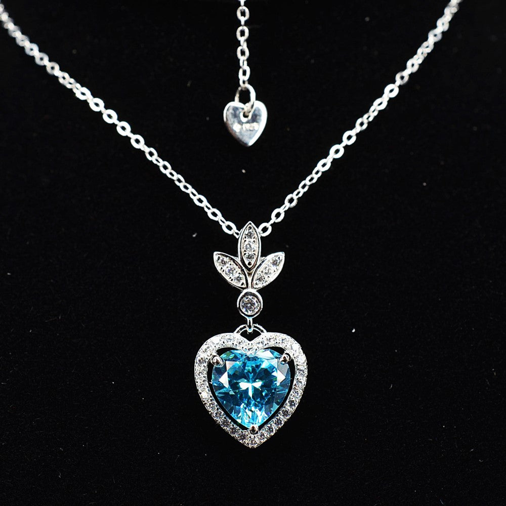 Heart Shaped 925 Sterling Silver Blue Cubic Zirconia Platinum Plated Pendant Adjustable Chain Necklace by Mc9vn | Gift for Her |