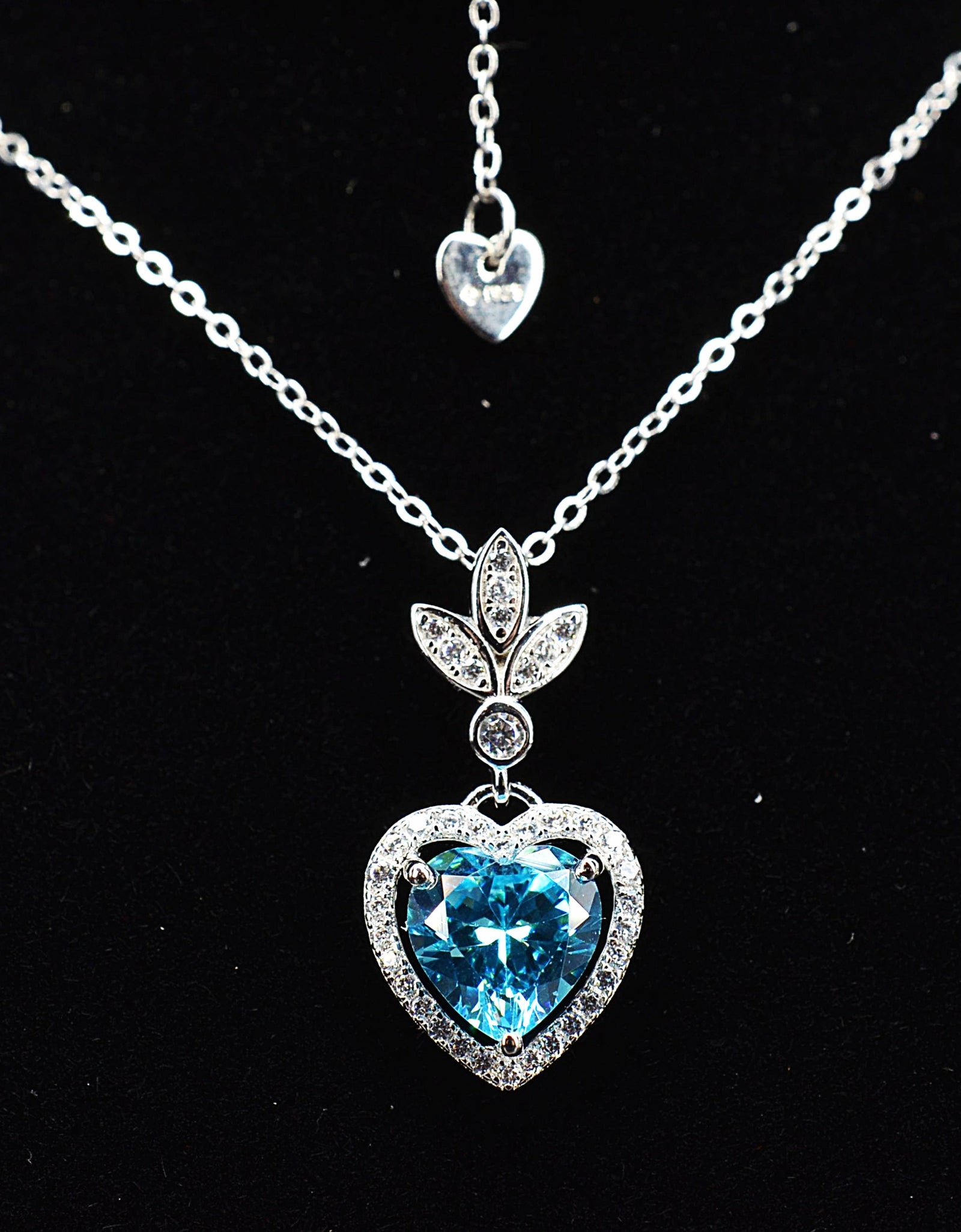 Heart Shaped 925 Sterling Silver Blue Cubic Zirconia Platinum Plated Pendant Adjustable Chain Necklace by Mc9vn | Gift for Her |