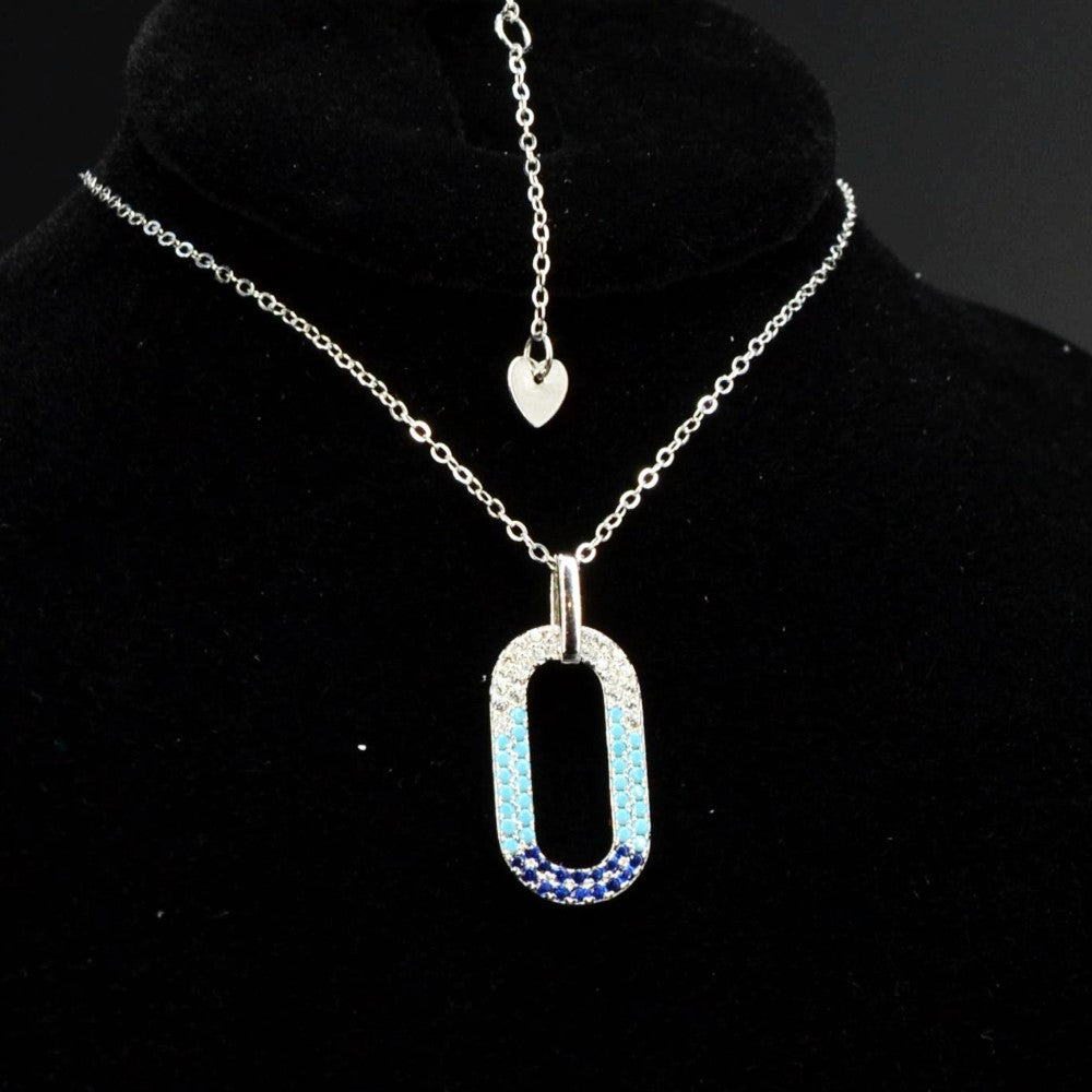 50cm Platinum Plated Blue Oval W/ CZ 925 Sterling Silver Pendant w/ Adjustable Chain Necklace by Mc9vn