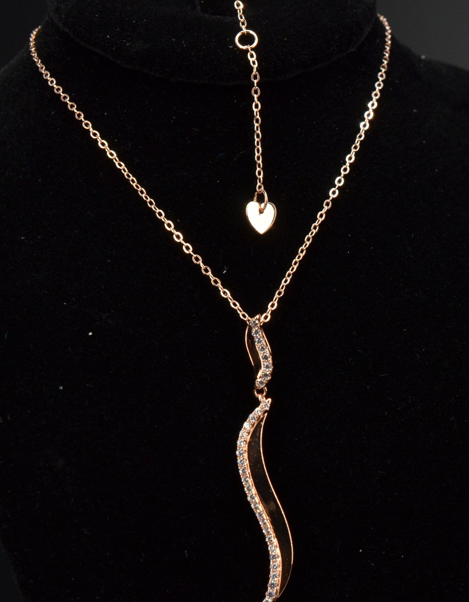 14K Rose Gold Plated Wavy 925 Sterling Silver Pendant Chain Necklace with Cubic Zirconia