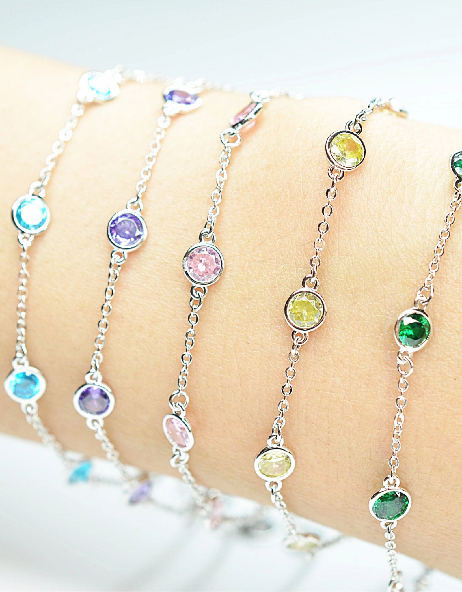 Platinum Plated 925 Sterling Silver Chain Bracelet with Color Cubic Zirconia