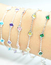 Platinum Plated 925 Sterling Silver Chain Bracelet with Color Cubic Zirconia