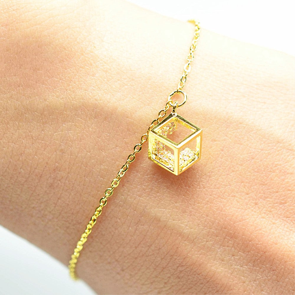 14K Yellow Gold Plated 925 Sterling Silver Open Cube Charm Adjustable Bracelet w/ Pink Cubic Zirconia by Mc9vn |Gift for Her | Ship from US|