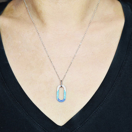 50cm Platinum Plated Blue Oval W/ CZ 925 Sterling Silver Pendant w/ Adjustable Chain Necklace by Mc9vn