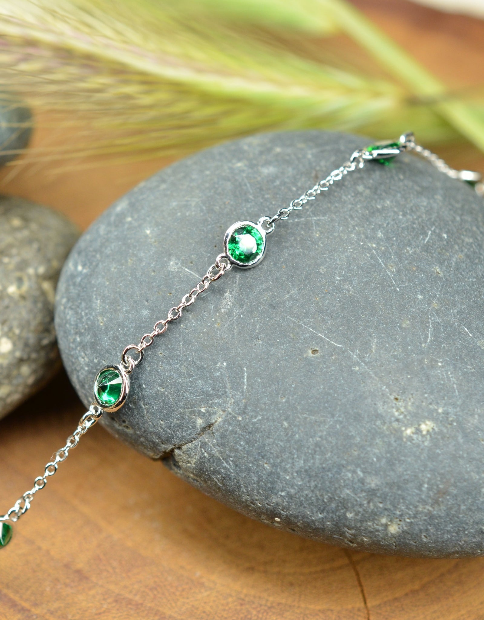 Platinum Plated 925 Sterling Silver Chain Bracelet with Color Cubic Zirconia