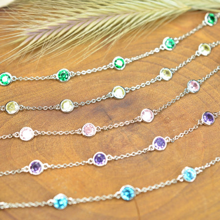 Platinum Plated 925 Sterling Silver Chain Bracelet with Color Cubic Zirconia