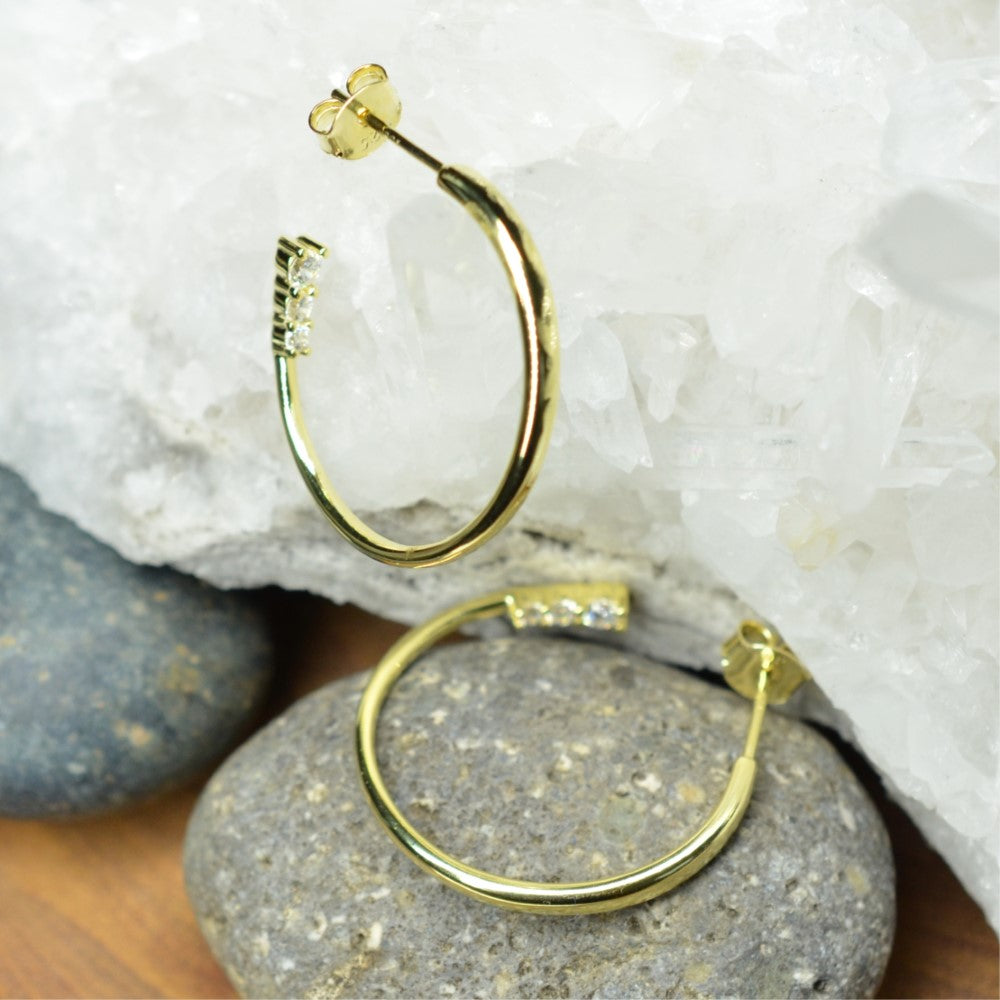 925 Sterling Silver 14K Gold Plated Open Hoop Earrings with Cubic Zirconia