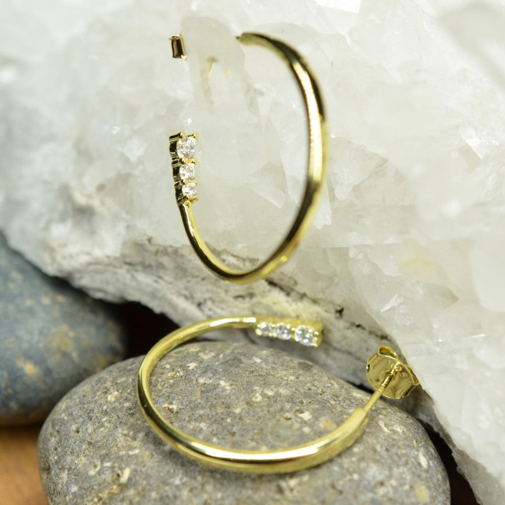 925 Sterling Silver 14K Gold Plated Open Hoop Earrings with Cubic Zirconia