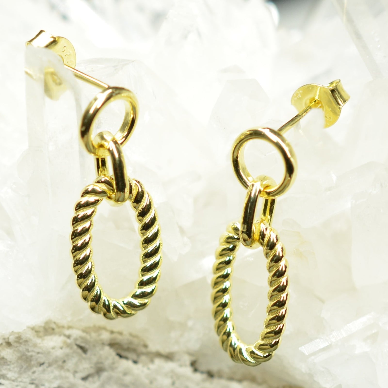 925 Sterling Silver 14K Gold Plated Oval Twisted Rope Earrings