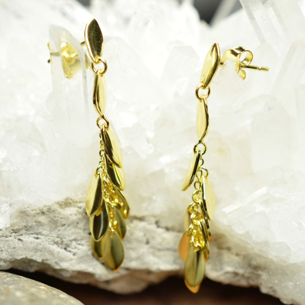 14K Gold Plated Dangling Chandelier Leaf Motif 925 Sterling Silver Earrings