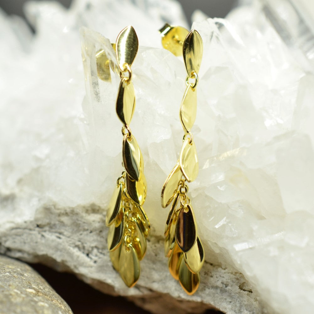 14K Gold Plated Dangling Chandelier Leaf Motif 925 Sterling Silver Earrings