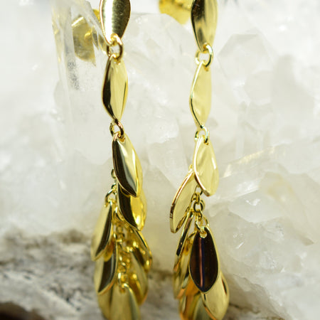 14K Gold Plated Dangling Chandelier Leaf Motif 925 Sterling Silver Earrings