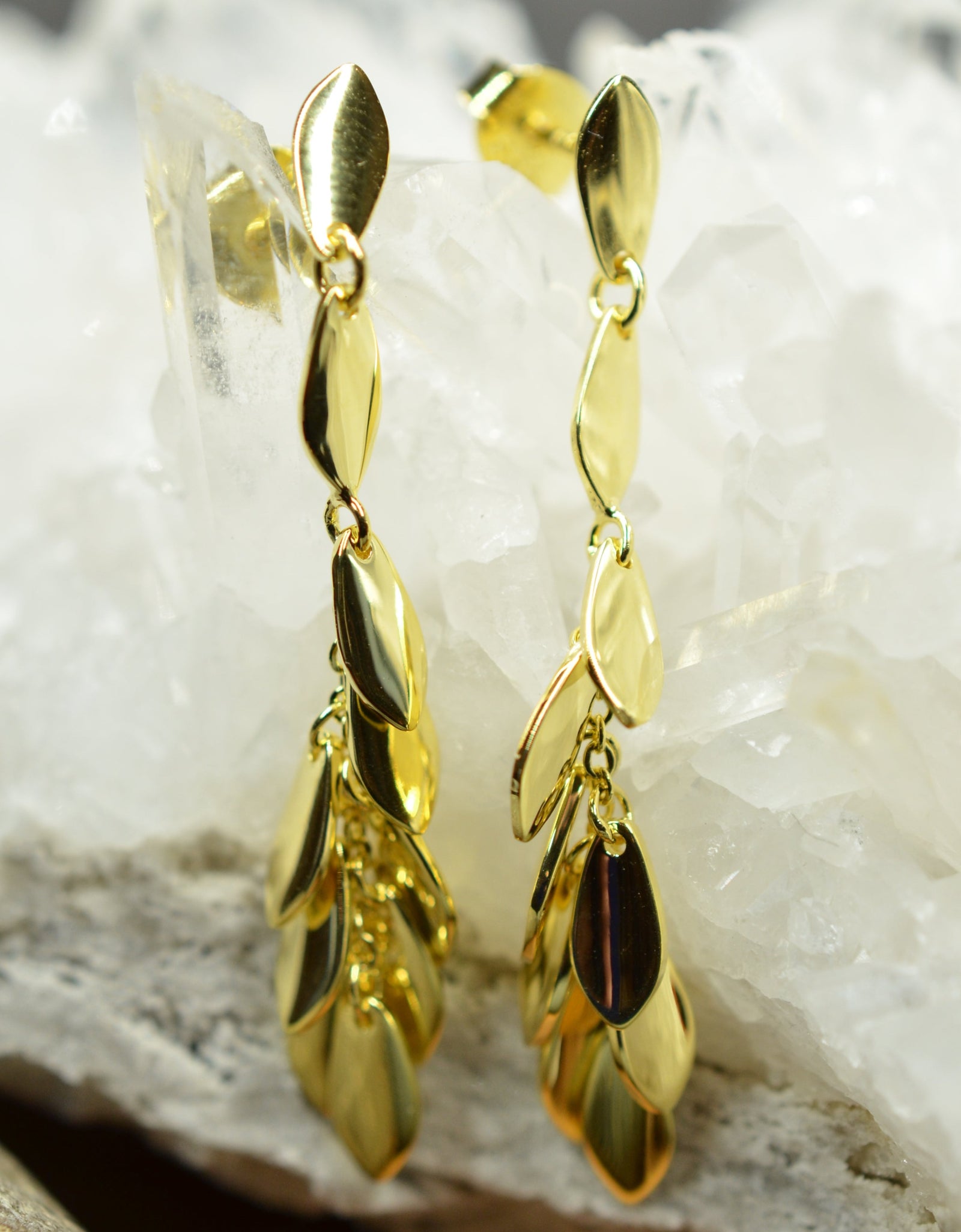 14K Gold Plated Dangling Chandelier Leaf Motif 925 Sterling Silver Earrings