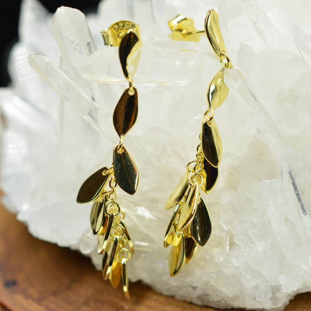 14K Gold Plated Dangling Chandelier Leaf Motif 925 Sterling Silver Earrings