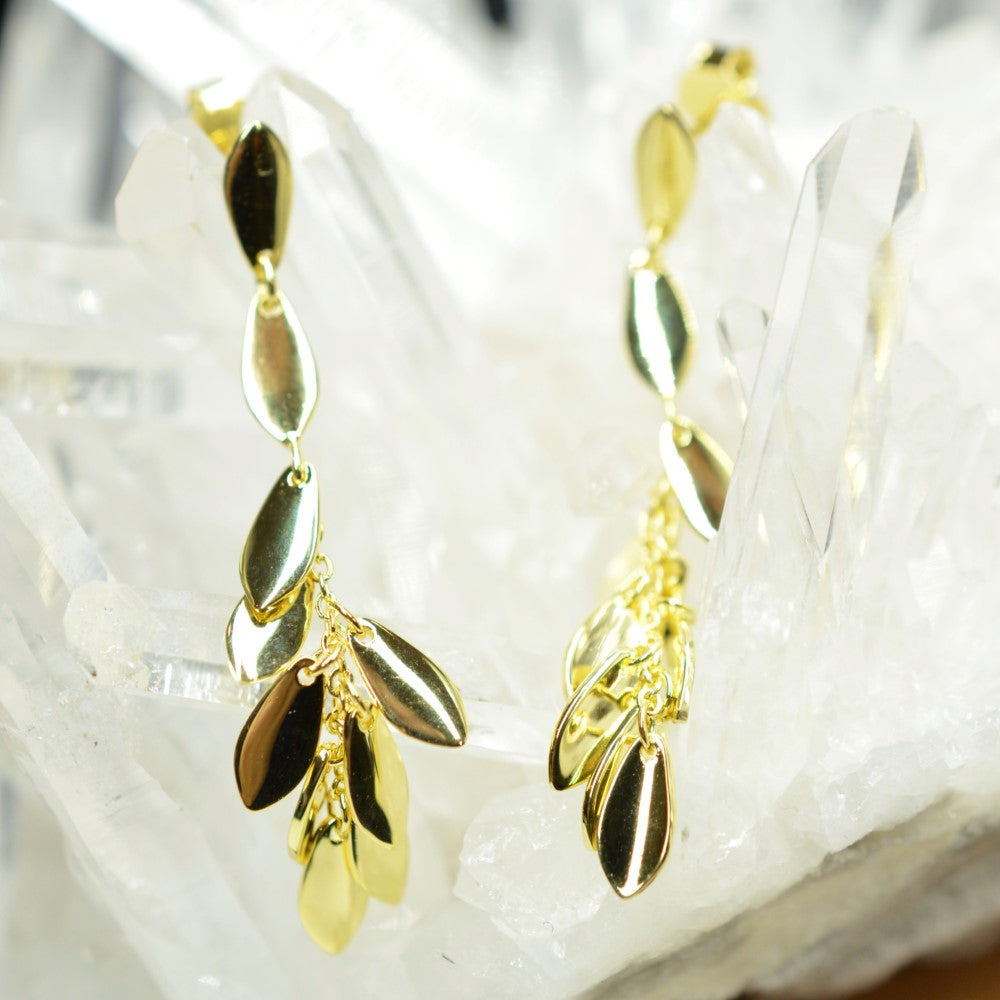 14K Gold Plated Dangling Chandelier Leaf Motif 925 Sterling Silver Earrings