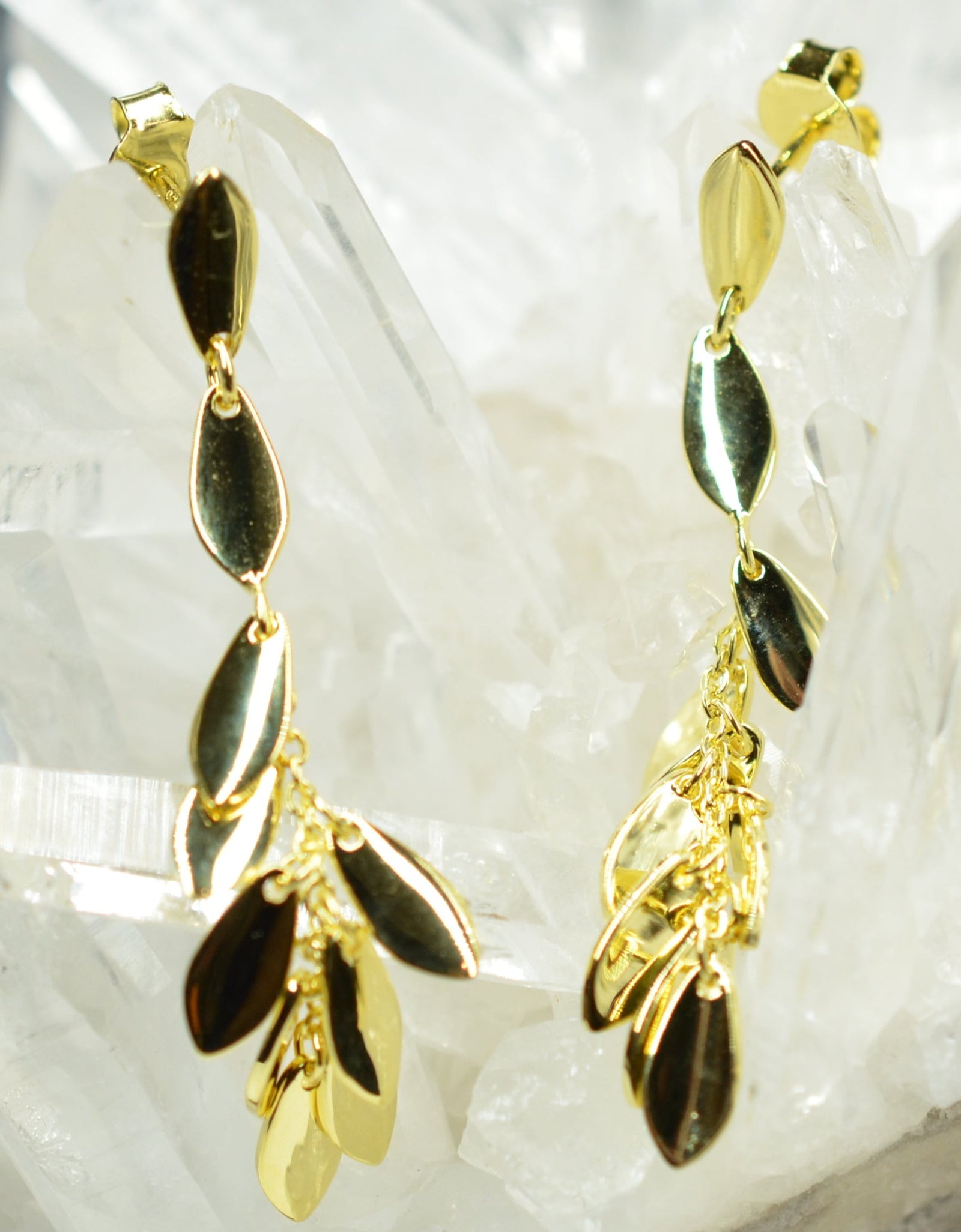 14K Gold Plated Dangling Chandelier Leaf Motif 925 Sterling Silver Earrings