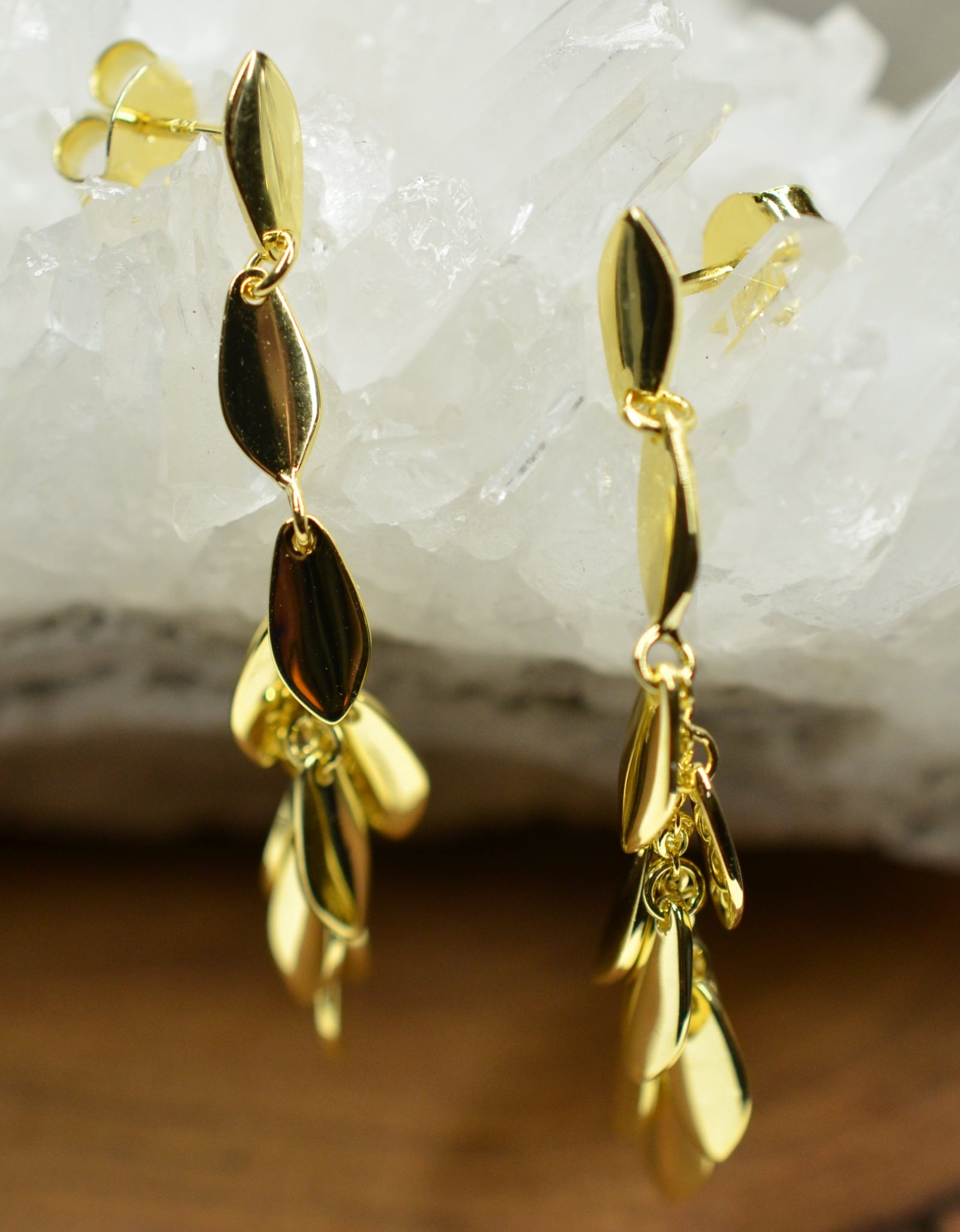 14K Gold Plated Dangling Chandelier Leaf Motif 925 Sterling Silver Earrings