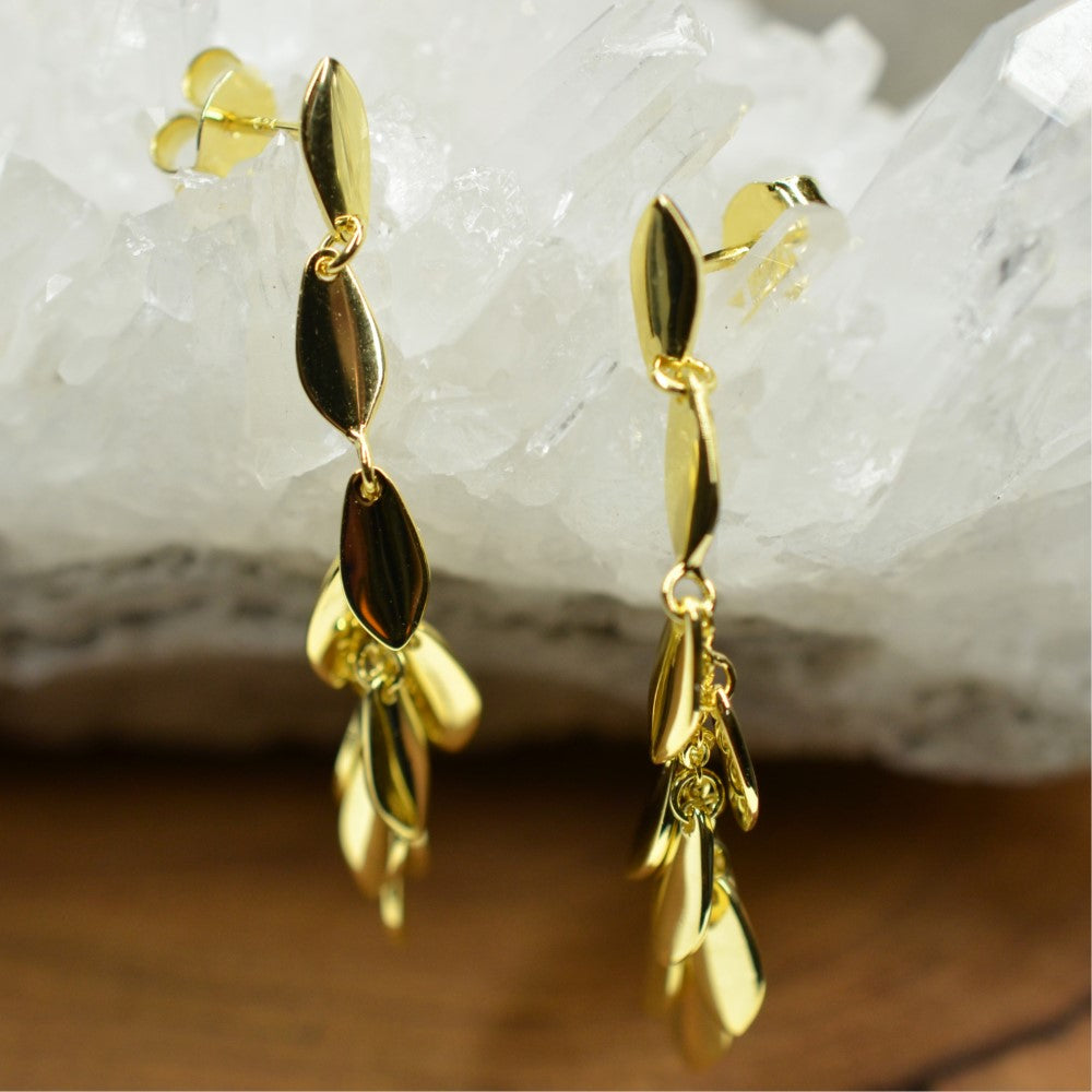 14K Gold Plated Dangling Chandelier Leaf Motif 925 Sterling Silver Earrings