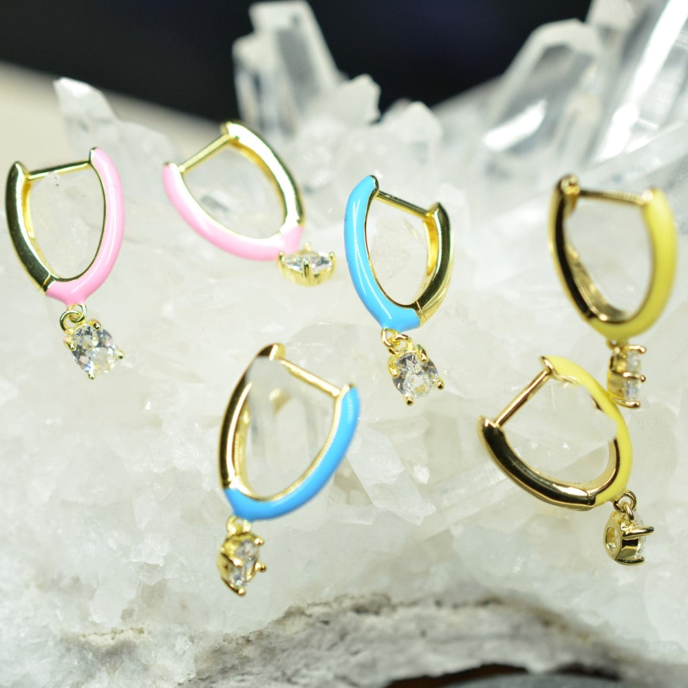 14K Gold Plated Blue Pink Yellow Enamel Dangling 925 Sterling Silver Hoop Cubic Zirconia Earrings