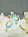 14K Gold Plated Blue Pink Yellow Enamel Dangling 925 Sterling Silver Hoop Cubic Zirconia Earrings