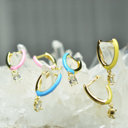 14K Gold Plated Blue Pink Yellow Enamel Dangling 925 Sterling Silver Hoop Cubic Zirconia Earrings