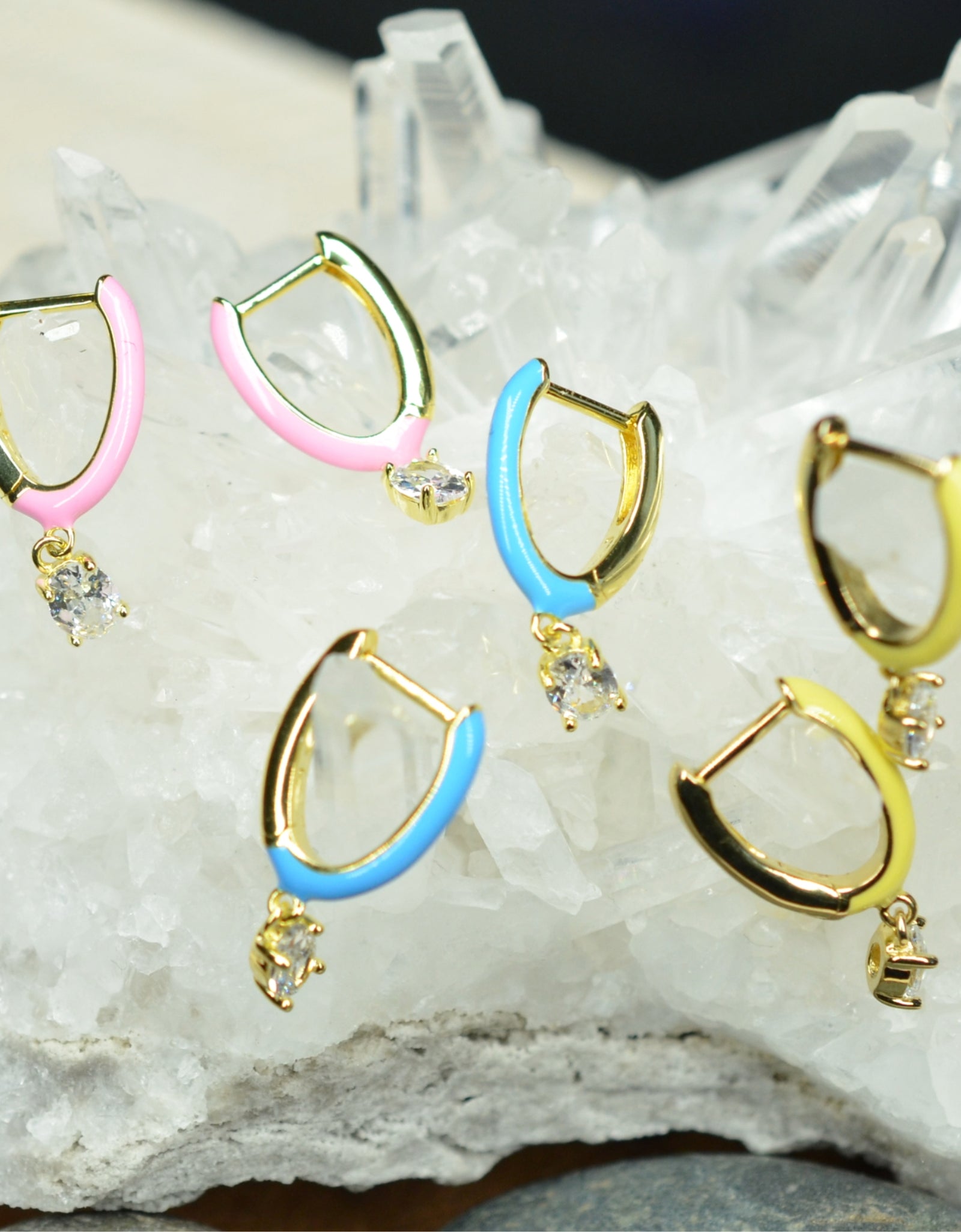 14K Gold Plated Blue Pink Yellow Enamel Dangling 925 Sterling Silver Hoop Cubic Zirconia Earrings