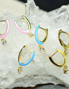 14K Gold Plated Blue Pink Yellow Enamel Dangling 925 Sterling Silver Hoop Cubic Zirconia Earrings