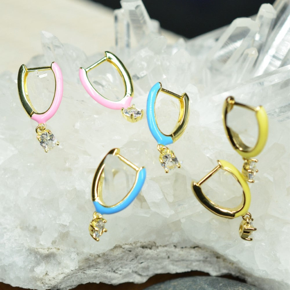 14K Gold Plated Blue Pink Yellow Enamel Dangling 925 Sterling Silver Hoop Cubic Zirconia Earrings