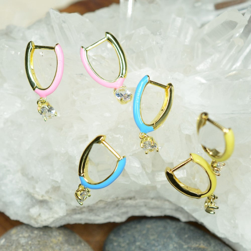 14K Gold Plated Blue Pink Yellow Enamel Dangling 925 Sterling Silver Hoop Cubic Zirconia Earrings