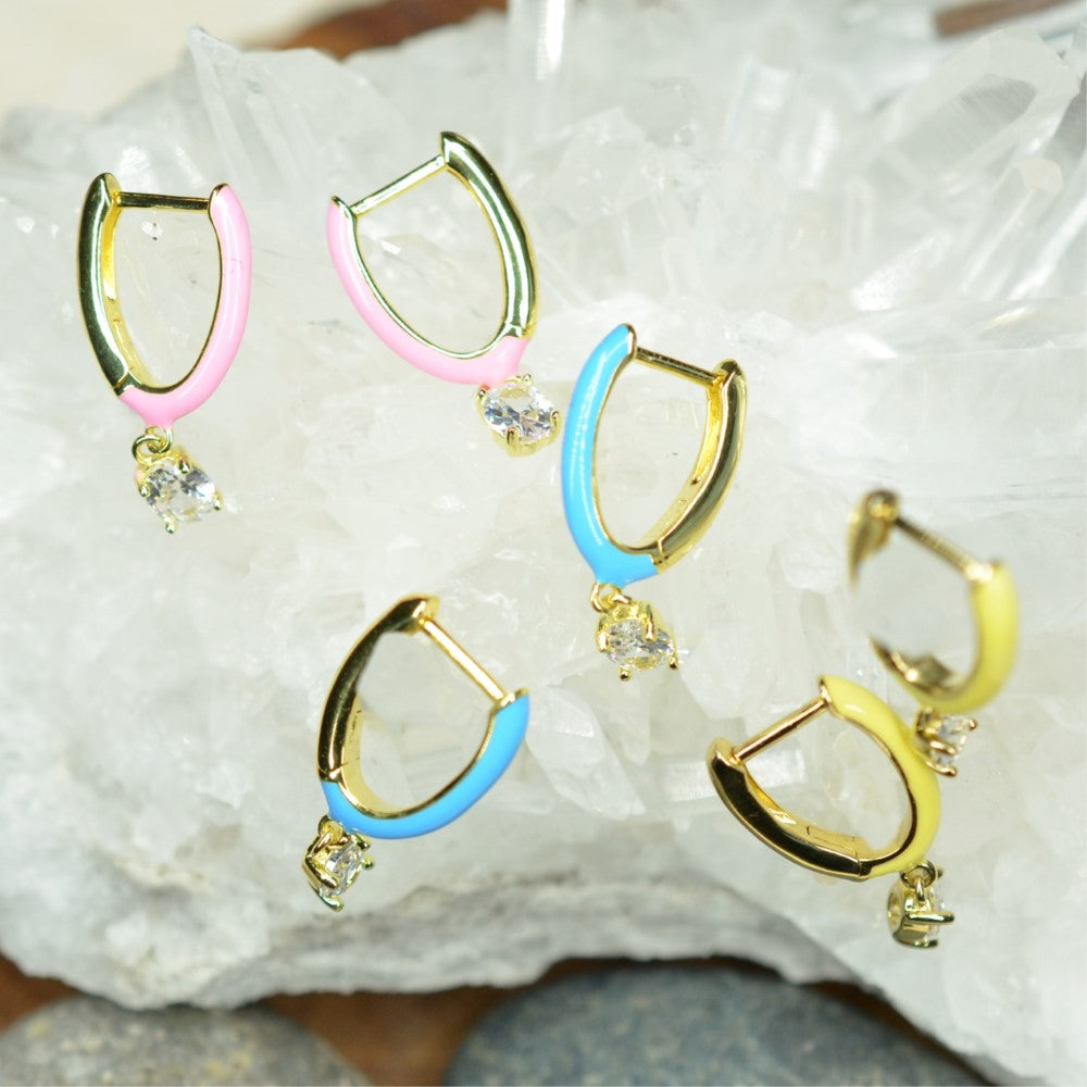 14K Gold Plated Blue Pink Yellow Enamel Dangling 925 Sterling Silver Hoop Cubic Zirconia Earrings