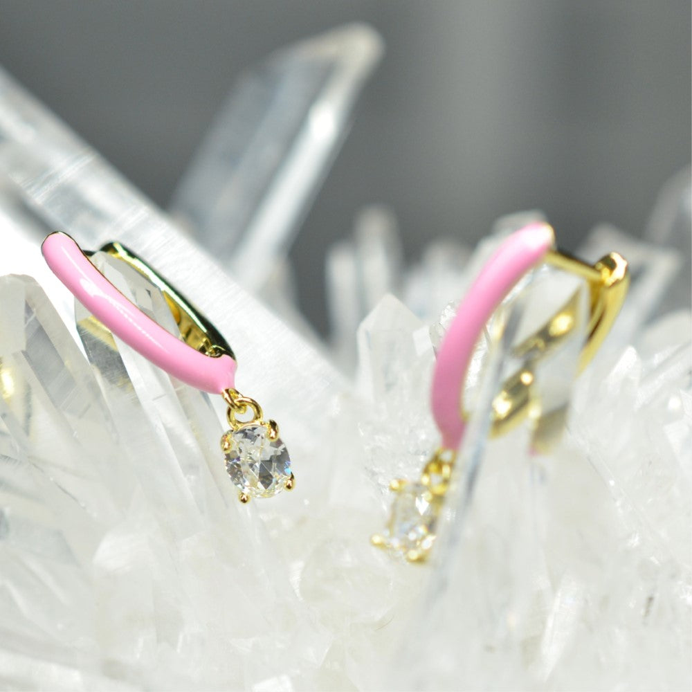 14K Gold Plated Blue Pink Yellow Enamel Dangling 925 Sterling Silver Hoop Cubic Zirconia Earrings