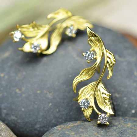 14K Gold Plated Cubic Zirconia Matt Finished Leaf Design 925 Sterling Silver Earrings