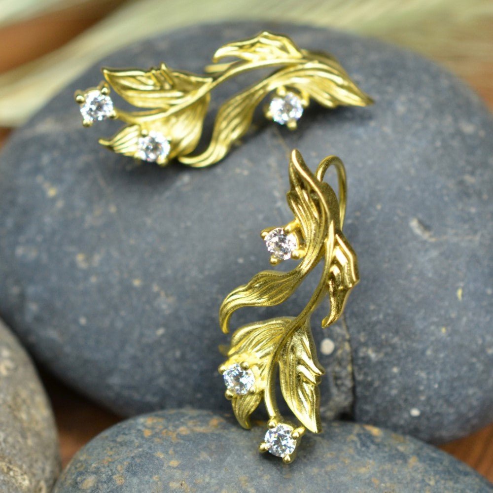 14K Gold Plated Cubic Zirconia Matt Finished Leaf Design 925 Sterling Silver Earrings