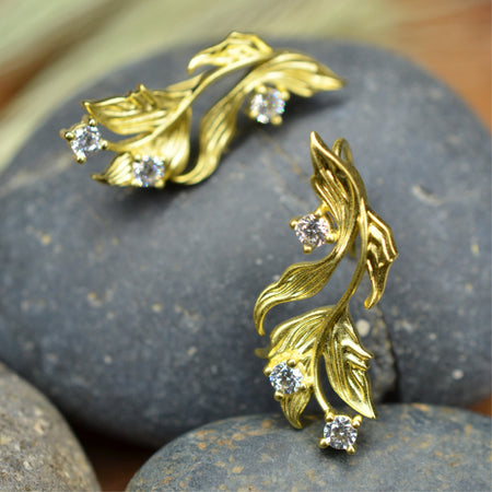 14K Gold Plated Cubic Zirconia Matt Finished Leaf Design 925 Sterling Silver Earrings