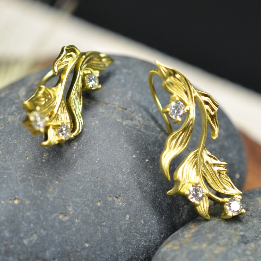 14K Gold Plated Cubic Zirconia Matt Finished Leaf Design 925 Sterling Silver Earrings