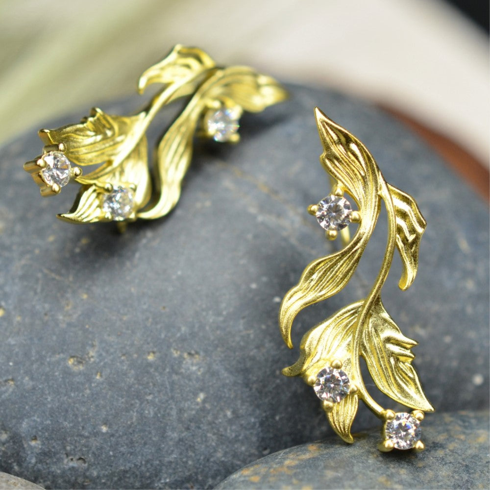 14K Gold Plated Cubic Zirconia Matt Finished Leaf Design 925 Sterling Silver Earrings