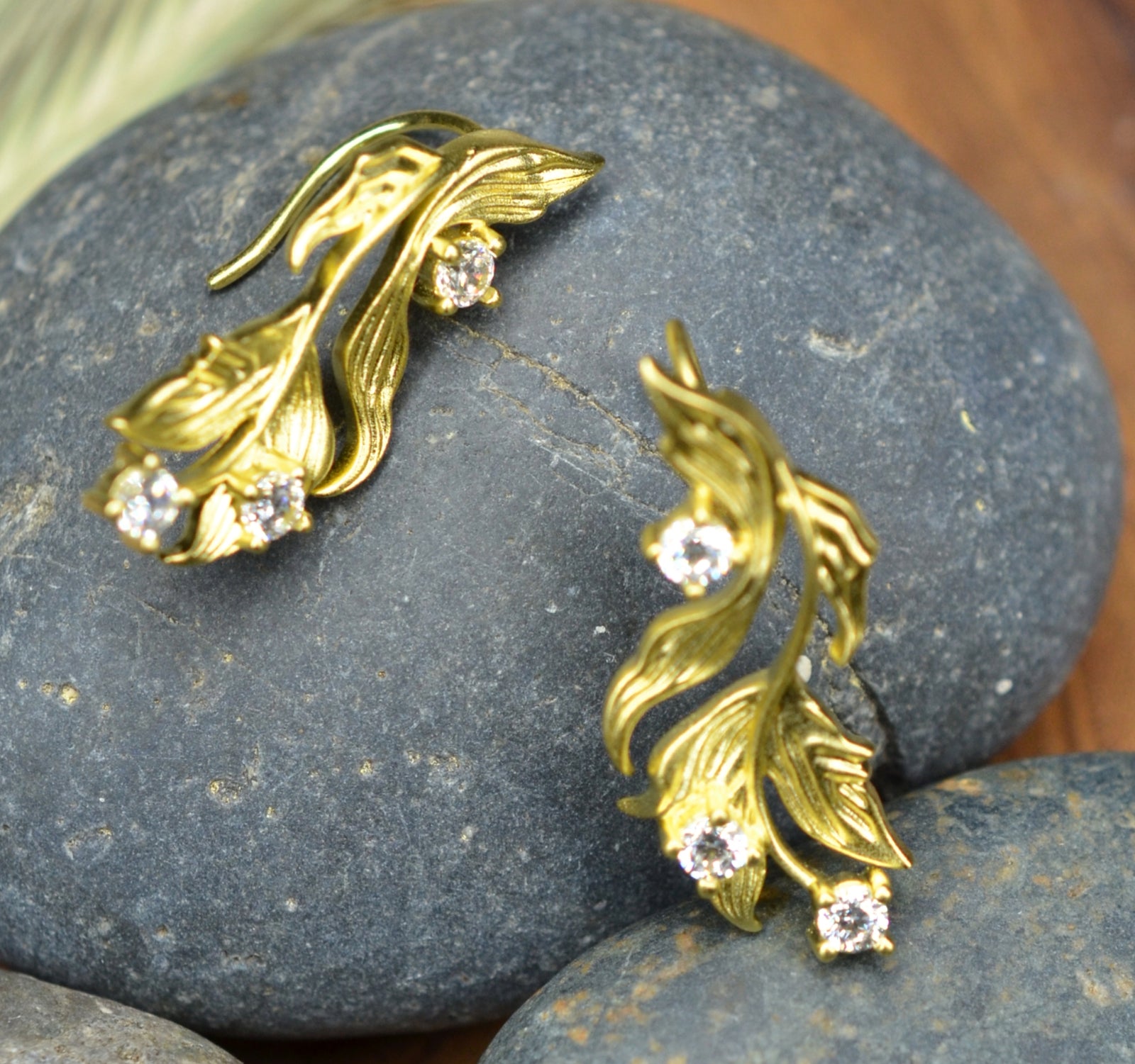 14K Gold Plated Cubic Zirconia Matt Finished Leaf Design 925 Sterling Silver Earrings