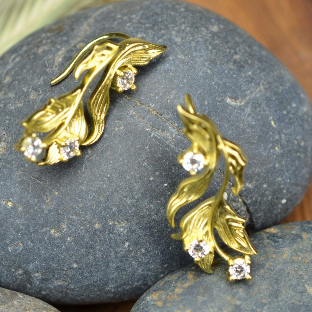 14K Gold Plated Cubic Zirconia Matt Finished Leaf Design 925 Sterling Silver Earrings