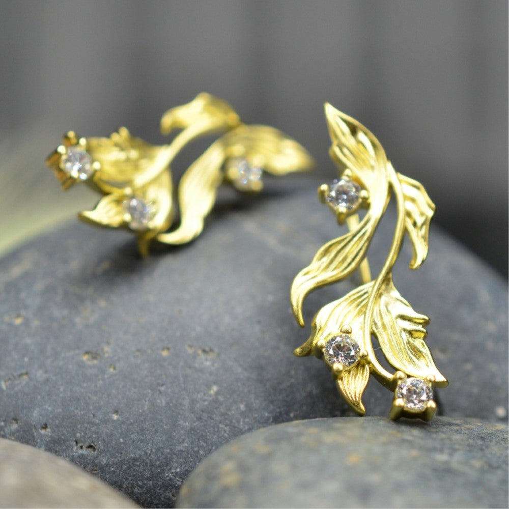 14K Gold Plated Cubic Zirconia Matt Finished Leaf Design 925 Sterling Silver Earrings