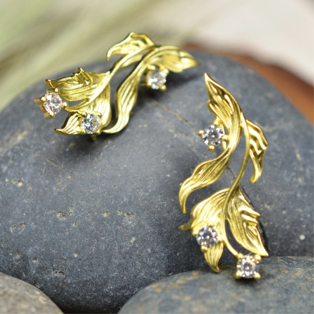 14K Gold Plated Cubic Zirconia Matt Finished Leaf Design 925 Sterling Silver Earrings