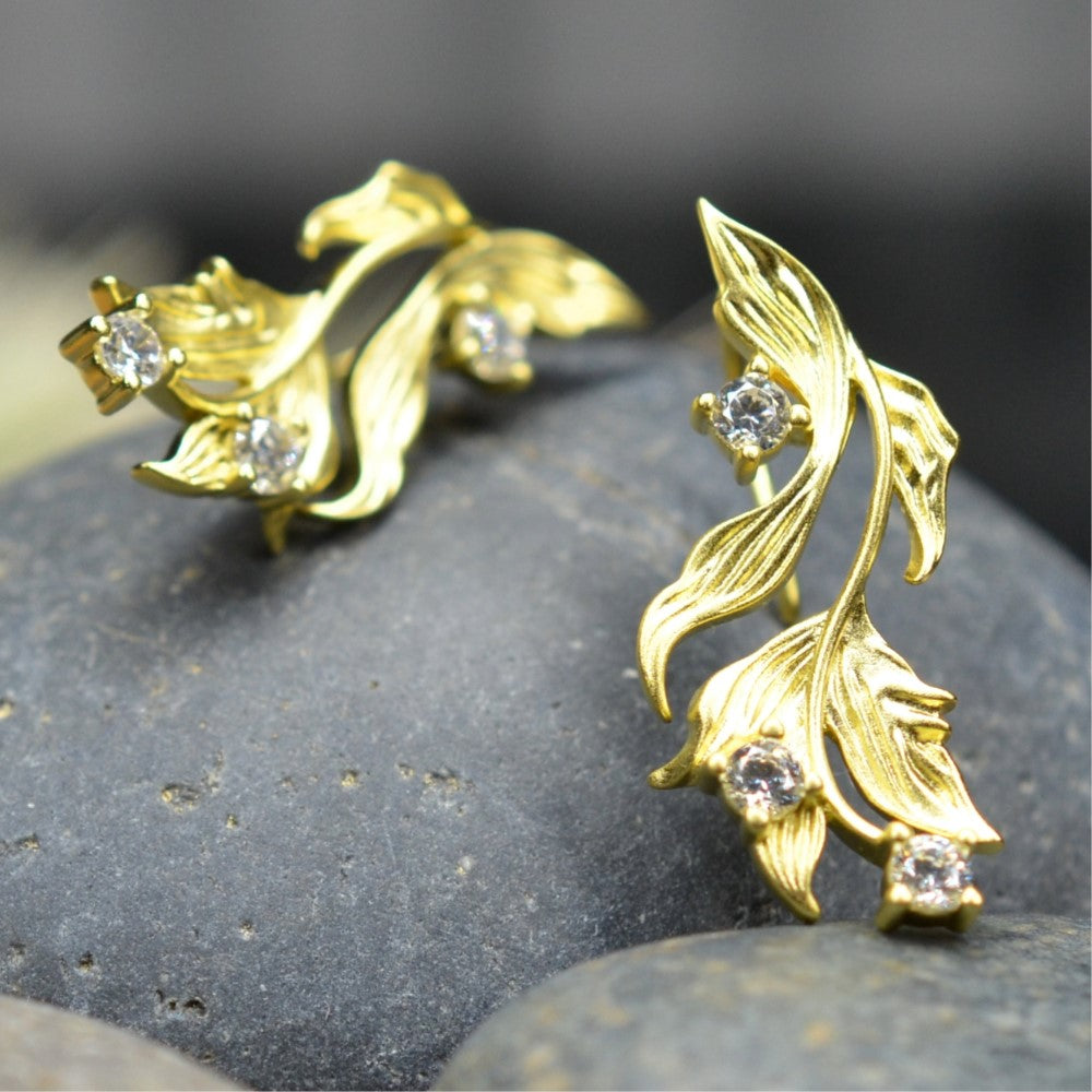 14K Gold Plated Cubic Zirconia Matt Finished Leaf Design 925 Sterling Silver Earrings