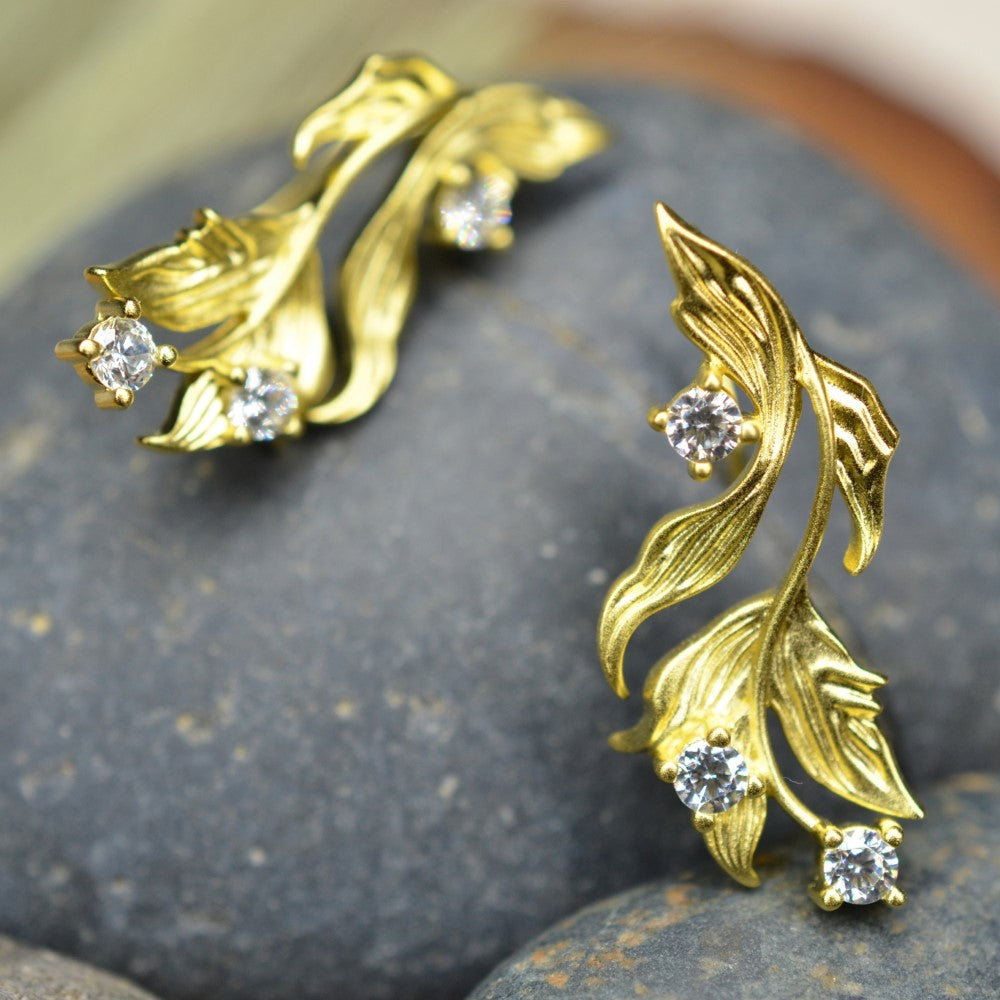 14K Gold Plated Cubic Zirconia Matt Finished Leaf Design 925 Sterling Silver Earrings